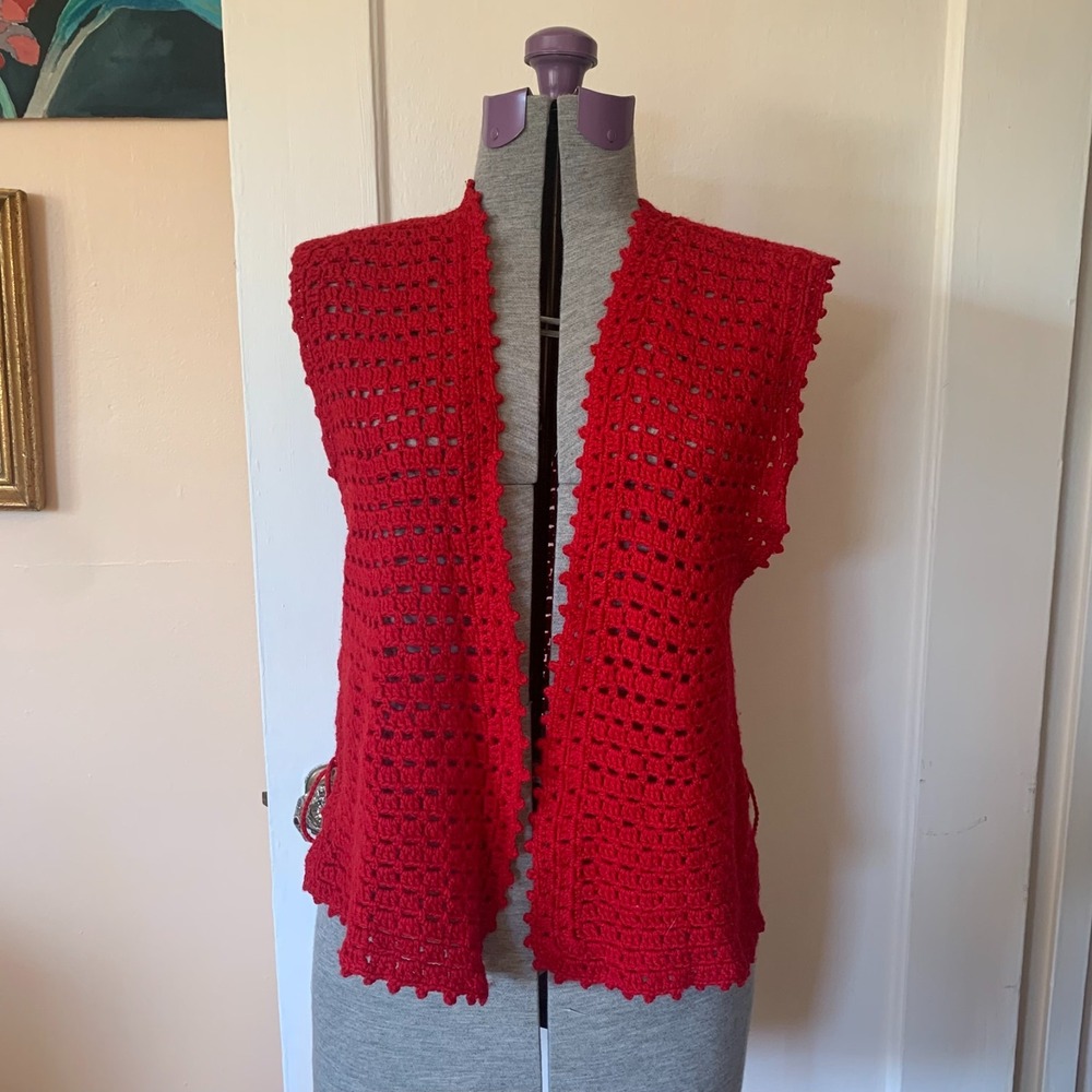 Vintage Handmade Red Crochet Lace Open Front Vest Side Tie Boho Festival